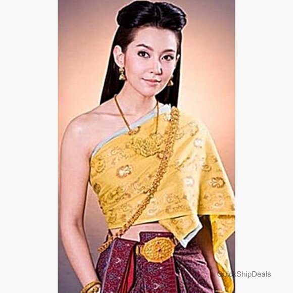 Gold Plate Metal Belt with White Stones, Adjustable 40 Inches, Traditional Thai
